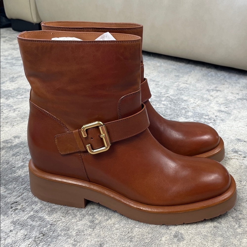 NIB Chloe Coddington Biker Ankle Boots C Buckle Ginger Brown Designer Sz 39.5 - Picture 9 of 15